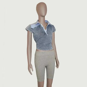 Vintage Blue Collared‎ Baby Tee Shirt Size Small Causal Short Sleeve V neck Top